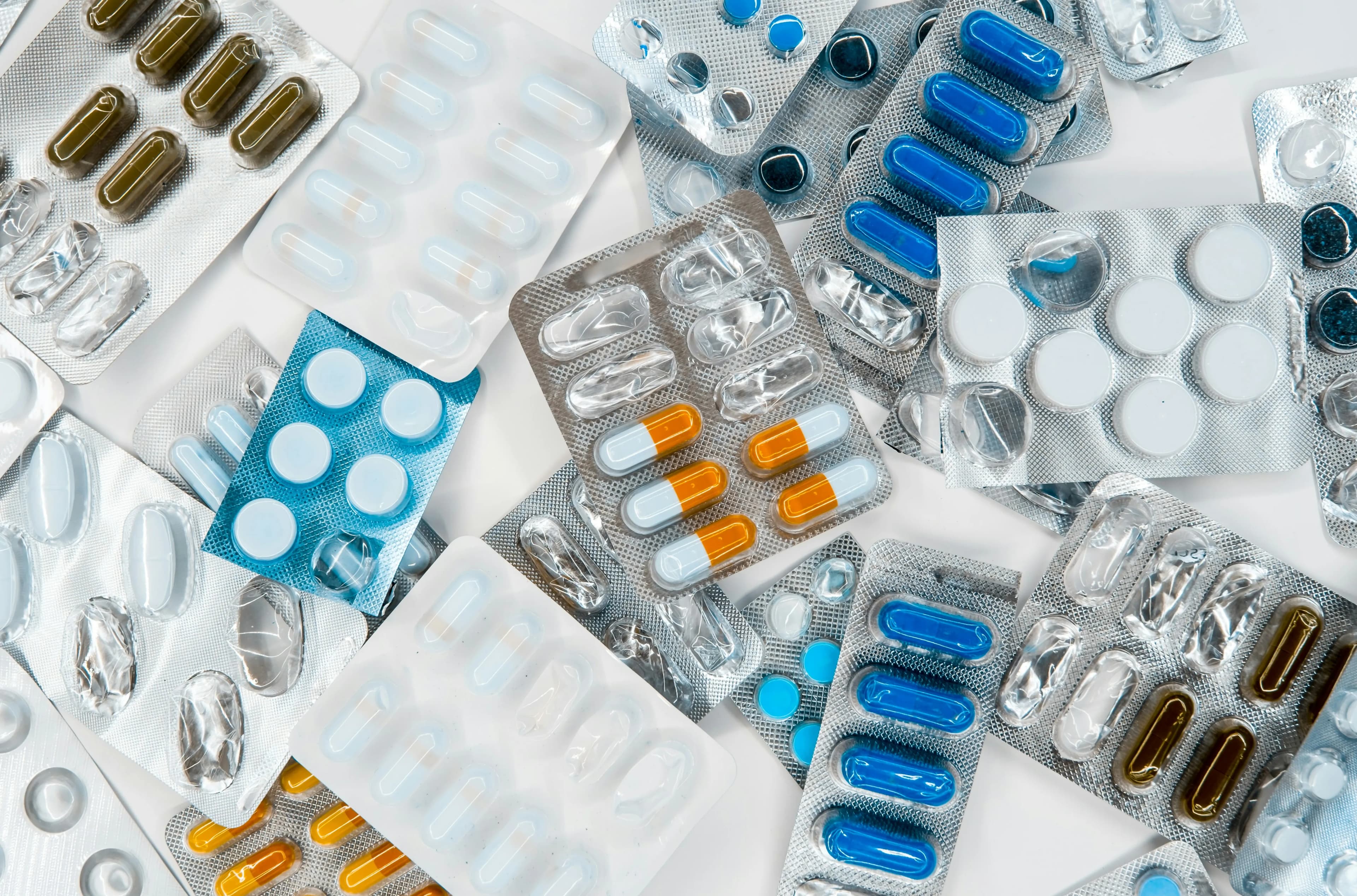 Assorted blister packs of tablets and capsules